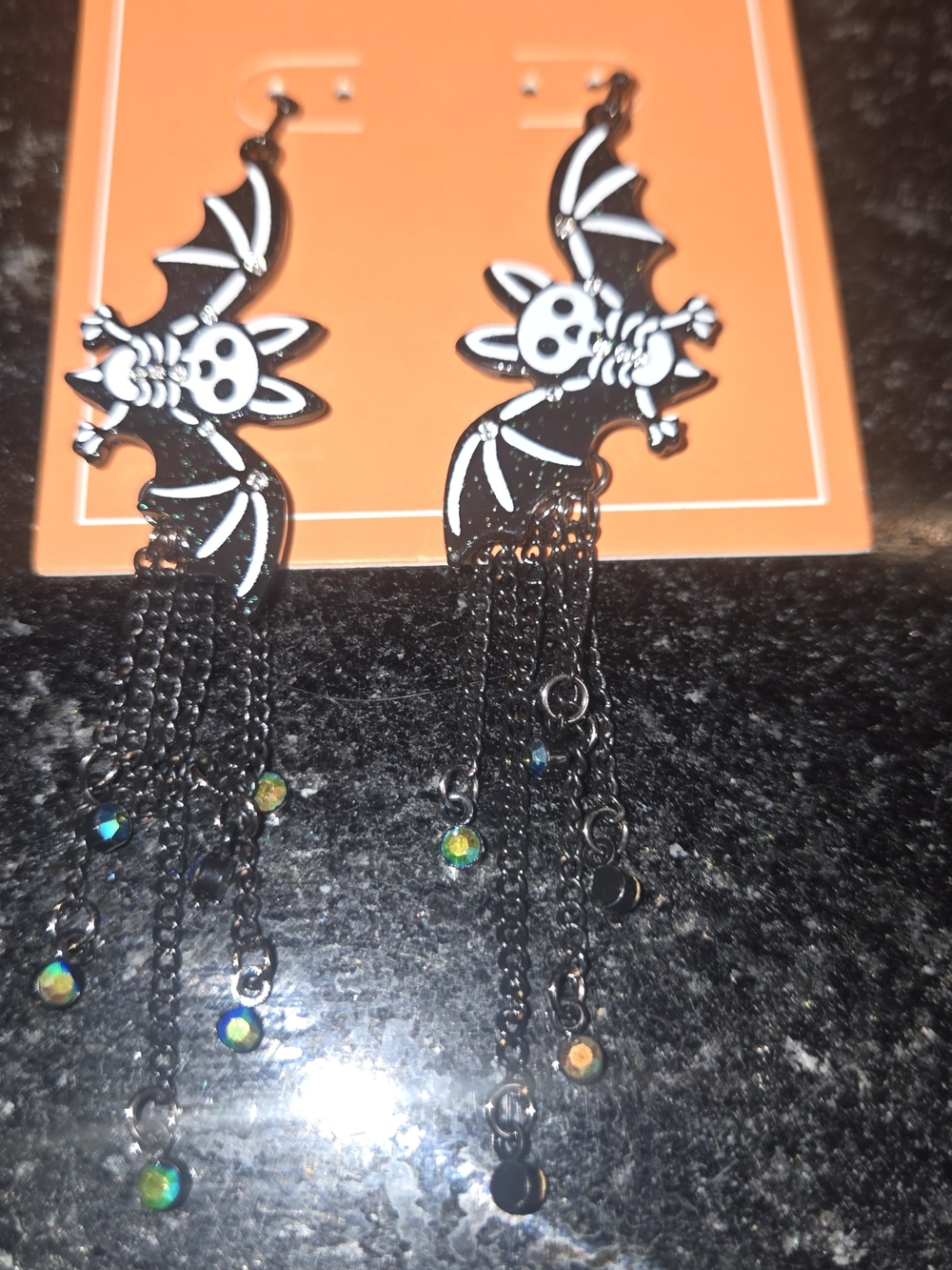 Black Bat Skull Dangle Earrings with Shimmering Chain Drops
